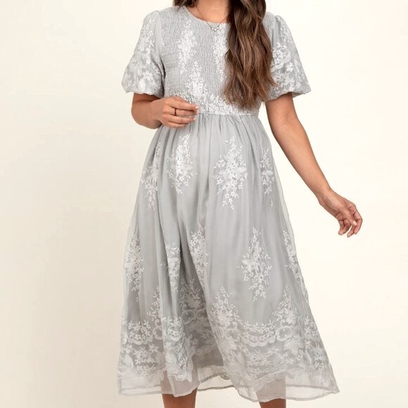 Celadon Dresses & Skirts - Gray Floral Lace Smocked Midi Dress